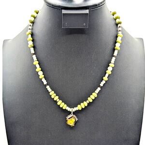925 Sterling Silver Green Gemstone Bead Green Amber Pendant Necklace